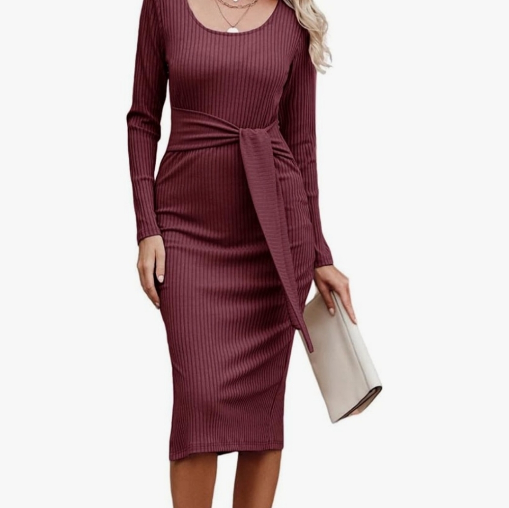 Red Ribbed Long Sleeve Bodycon Dress